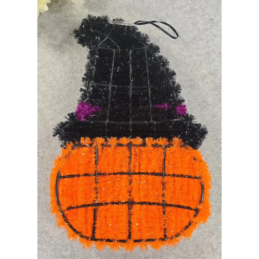 Vintage Y2K Pumpkin Wall Hanging Orange Halloween Tinsel Witch Hat Decor 14